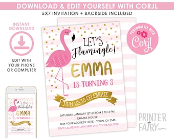 Flamingo Invitation, EDITABLE, Flamingo Birthday Party, Pool Party Invitation, Tropical Invitation, Any Age, EDIT YOURSELF, Instant Download