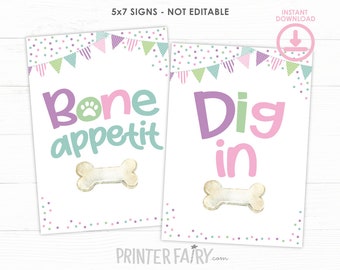 Bone Appetit Dog Sign, Dig In Sign, Puppy Food Cards, Dog Birthday Table Decorations, Dog Food Cards, Pet Adoption Party, INSTANT DOWNLOAD