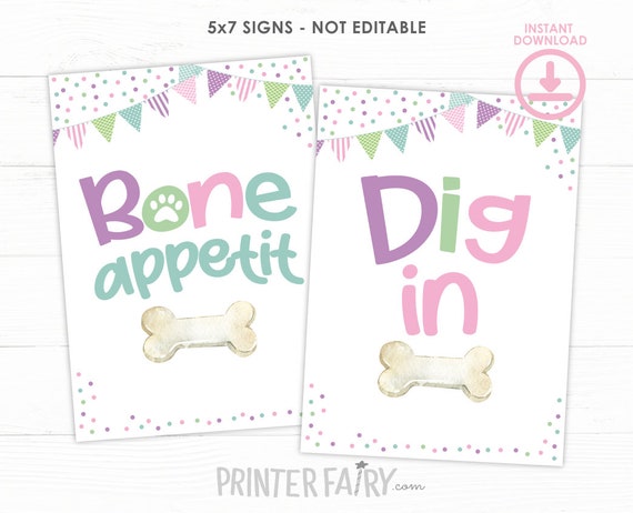 Bone Appetit Dog Sign, Dig In Sign, Puppy Food Cards, Dog Birthday Table Decorations, Dog Food Cards, Pet Adoption Party, INSTANT DOWNLOAD Il_570xn