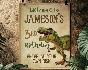 Cartel de bienvenida editable para cumpleaños con temática de dinosaurios y T-Rex (descarga instantánea)