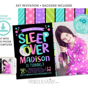 Sleepover Birthday Invitation with photo,EDITABLE, Pajama Party Invitation, Slumber Party Birthday Invitation, DIGITAL Instant Download image 1