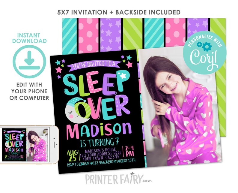 Sleepover Birthday Invitation with photo,EDITABLE, Pajama Party Invitation, Slumber Party Birthday Invitation, DIGITAL Instant Download image 1