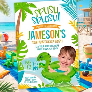 Invitación de cumpleaños personalizada para fiesta en la piscina de dinosaurios para cualquier edad, diseño digital personalizado