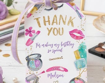 Etiquetas para recuerdos de cumpleaños con temática de spa, agradecimiento por fiesta de maquillaje glamuroso (descarga digital)