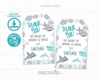 Shark Favor Tags, EDITABLE, Shark Birthday Party, Under the Sea Birthday Decorations, Printable Thank You Tags, INSTANT DOWNLOAD