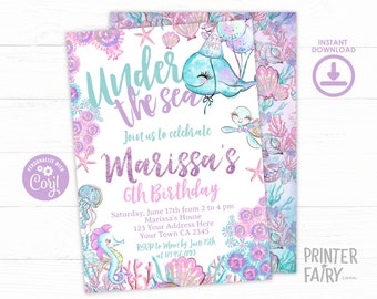 Under The Sea Birthday Party Invitation, Ocean Theme Birthday Party Invite, Invitation Template, Editable Invitation, Instant Download