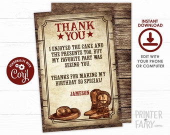 Western Thank You Cards, EDITABLE, Cowboy Birthday Party, Wild West Party, Thank you notes, Cowboy Thank You Cards, INSTANT DOWNLOAD