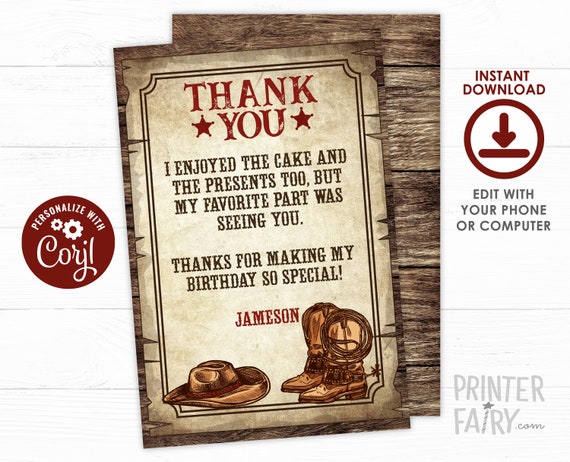 Western Thank You Cards EDITABLE Cowboy Birthday Party Wild West 