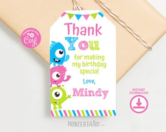 Little Monster Birthday Party Favor Tags, EDITABLE, Monsters Party, Monster Bash Birthday Invitation, Party Favors, Instant Download Digital