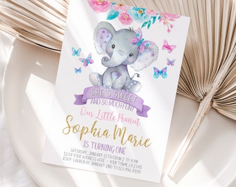 Elephant 1st Birthday Invitation, Girl Birthday Invitation, Butterflies Invitation, Floral Birthday Invitation, EDITABLE, Instant Download