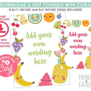 Fruit Sign, Editable, TuttiFrutti Birthday Decorations, Summer Birthday Party, Pineapple Decorations, Yogurt Bar, Instant Download