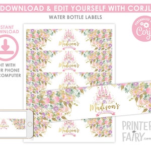 Princess Water Bottle Labels, Editable, Princess Birthday Party, Castle ...