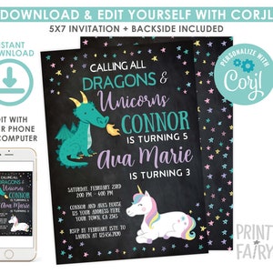 Unicorn and Dragon Invitation, EDITABLE Invitation, Dragon and Unicorn Invitation, Joint Birthday Party, EDIT YOURSELF with Corjl image 1