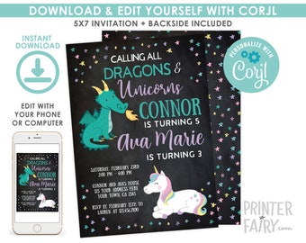 Unicorn and Dragon Invitation, EDITABLE Invitation, Dragon and Unicorn Invitation, Joint Birthday Party, EDIT YOURSELF with Corjl