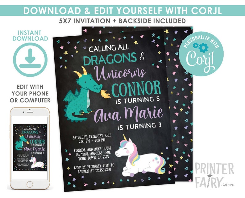 Unicorn and Dragon Invitation, EDITABLE Invitation, Dragon and Unicorn Invitation, Joint Birthday Party, EDIT YOURSELF with Corjl image 1