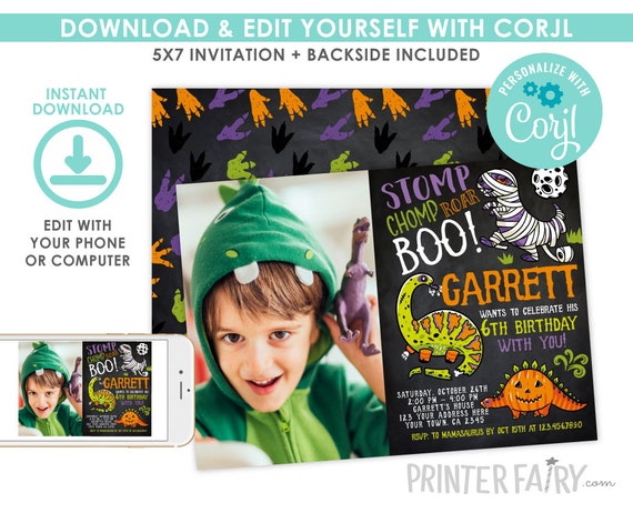 Dinosaur Halloween Birthday Invitation with Photo, EDITABLE Halloween Birthday Invitation, Dinosaur Birthday Invitation, Instant Download Il_570xn