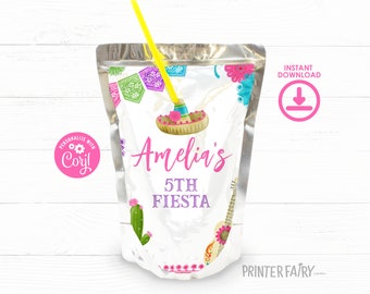 Fiesta Birthday Party Drink Pouch Label, Editable Mexican Fiesta Invitation, Fiesta Label, Cinco de Mayo Birthday Time Two Siesta Three-esta