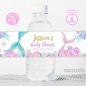 Mermaid Baby Shower Water Bottle Label, Editable Template (Digital Item) image 4