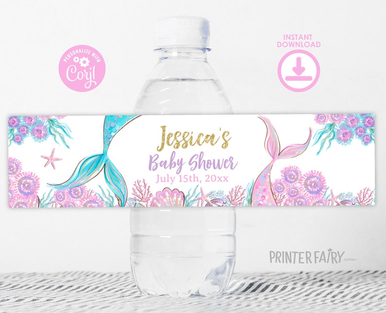 Mermaid Baby Shower Water Bottle Label, Editable Template (Digital Item) image 4