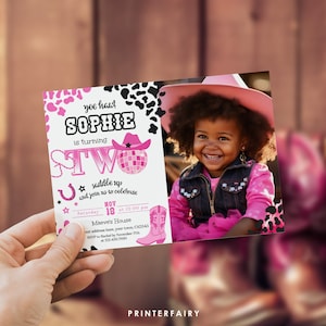 Cowgirl Disco 2. Geburtstagseinladung mit Foto, digitale Cowgirl-Party einladen, bearbeitbare Disco-Geburtstags-Einladung, Rhinestone-Cowgirl-Thema
