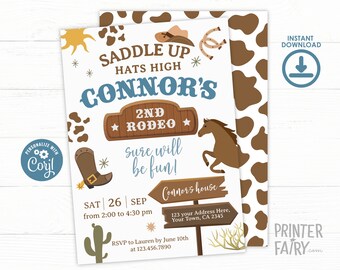 Rodeo Second Birthday Invitation, EDITABLE, Cowboy Birthday Party Invitation, Saddle Up and Gallop, Wild West Birthday Invite, Printable