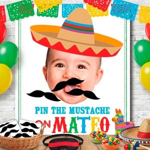 Personligt Pin the Mustache-festspel för en mexikansk födelsedagstema, digital utskrivbar design