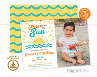 Here Comes the Sun First Birthday Invitation with Photo, Editable Template, Birthday Boho Sunshine Party, 1st Birthday Party Invitation