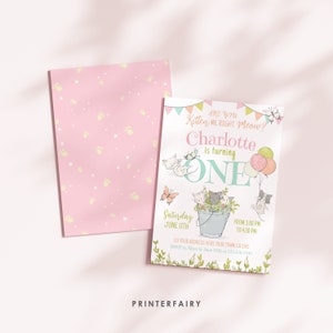 Kitty Cat First Birthday Invitation, Modifiable, Kitten Garden Birthday Party, Cat Party, Are you Kitten Me Right Meow, Modèle d’invitation imprimé