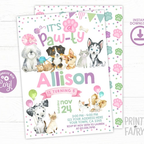 Puppies & Kitties Birthday Invitation Pawty Invitation Pet | Etsy