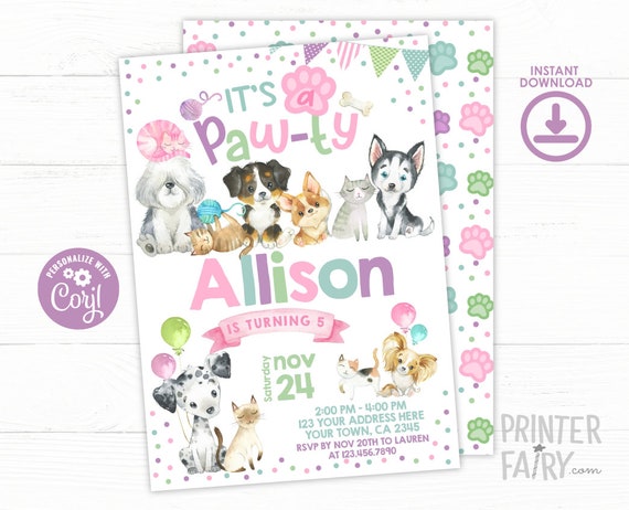Puppies & Kitties Birthday Invitation, Pawty Invitation, Pet Adoption Party Invitation, Pawty Invites, INSTANT DOWNLOAD Il_570xn