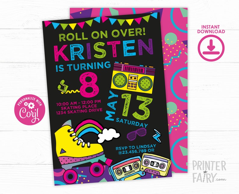 Rollerskate Birthday Invitation, EDITABLE Invitation, Roller Skate Party, Retro Birthday Invitation, INSTANT DOWNLOAD image 1