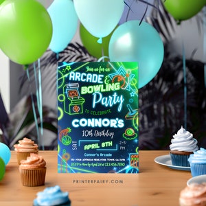 Neon Arcade Bowling Birthday Party Invitation: Editable Corjl (Digital Item) image 2