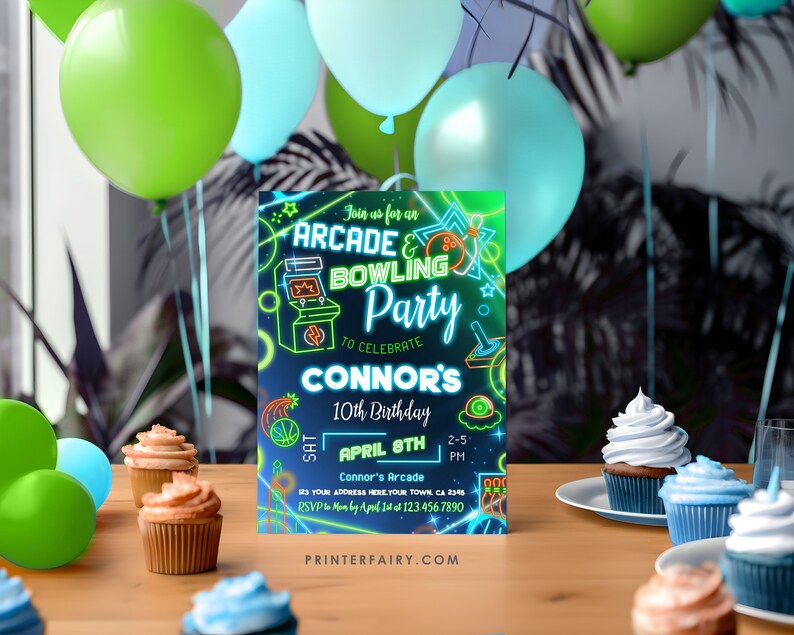 Neon Arcade Bowling Birthday Party Invitation: Editable Corjl (Digital Item) image 2