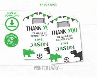 Dinosaur and Soccer Favor Tags, EDITABLE Soccer Favor Tags, Sports Birthday Party, Dinosaur Thank You Tags, Gift Tags, INSTANT DOWNLOAD