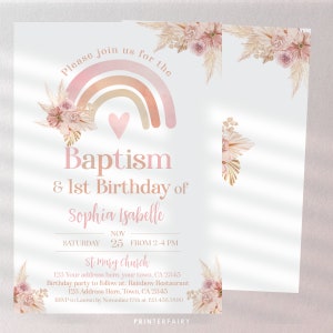 Convite Boho Rainbow para batismo e aniversário, aquarela pastel, Boho rosa, batizado de grama dos pampas, convite editável em Corjl