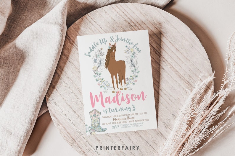 Horse Birthday Invitation, Cowgirl Invitation, Pony Party Invitation, Horse Invites, Floral Birthday Invitation, INSTANT DOWNLOAD image 1