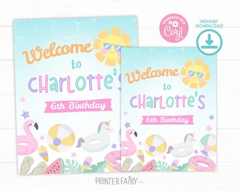 Pool Birthday Party Welcome Sign, EDITABLE Summer Birthday Party, Splish Splash Swimming Pool Party, Flamingo Float, Summer, PoolPartyPastel