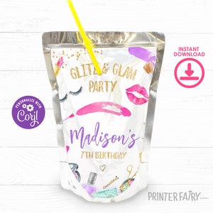Spa Party Drink Pouch Label, Editable, Glitz & Glam Party Juice Labels, Spa Birthday Party Drinks Label, Glam Makeup Slumber Party Favors