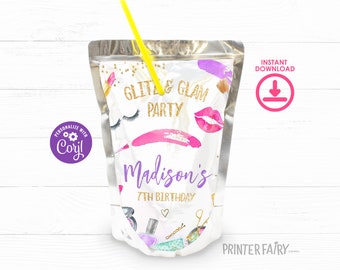 Spa Party Drink Pouch Label, Editable, Glitz & Glam Party Juice Labels, Spa Birthday Party Drinks Label, Glam Makeup Slumber Party Favors