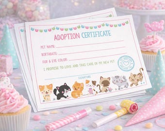 Certyfikat adopcji kota, przyjęcie urodzinowe dla zwierzaka (do pobrania natychmiast)