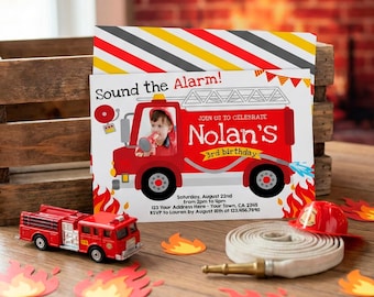 Firetruck Birthday Invitation with Photo Editable Template (Instant Download)