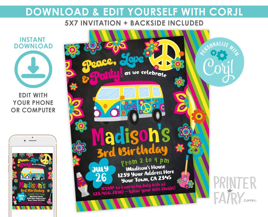 Editable Hippie Invitation 60s Birthday Invitation Groovy Etsy