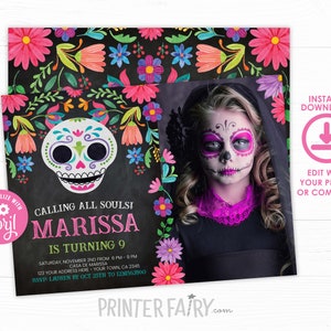 Dag van de dode verjaardagsuitnodiging met foto, BEWERKBARE Dia de los muertos uitnodigen, Mexicaans feest, Sugar Skull uitnodiging BEWERK JEZELF