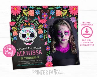 Day of the Dead Birthday Invitation with Photo, EDITABLE Dia de los muertos Invite, Mexican Party, Sugar Skull Invitation EDIT YOURSELF