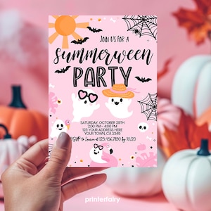 Invitación editable para fiesta de verano en la piscina, fiesta de Halloween con fantasmas, fiesta en la piscina, fiesta de calabazas, descarga instantánea