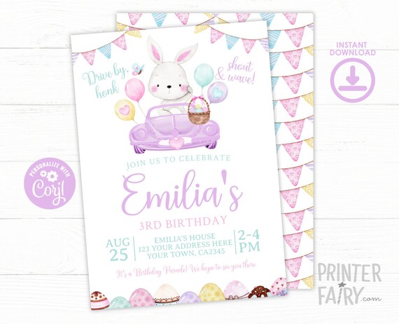 Easter Drive By Birthday Invitation, Editable Drive By Birthday Invitation, Bunny Invitation, Birthday Parade, Egg Hunt, INSTANT DOWNLOAD Il_570xn