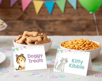 Puppies and Kitties Birthday Party Food Tents Editable Templates, Instant Download