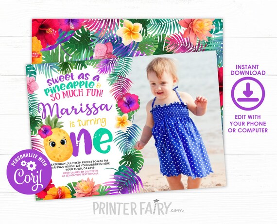 Pineapple First Birthday Invitation, Editable, Tropical Party Invitation, Luau Birthday Invitation, Pineapple Invite, Instant Download Il_570xn