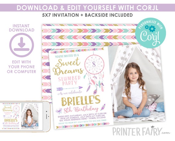 Dreamcatcher Slumber Party Invitation with photo, EDITABLE, Dreamcatcher Invitation, Sweet dreams, Pajama Party Invitation, INSTANT DOWNLOAD Il_570xn