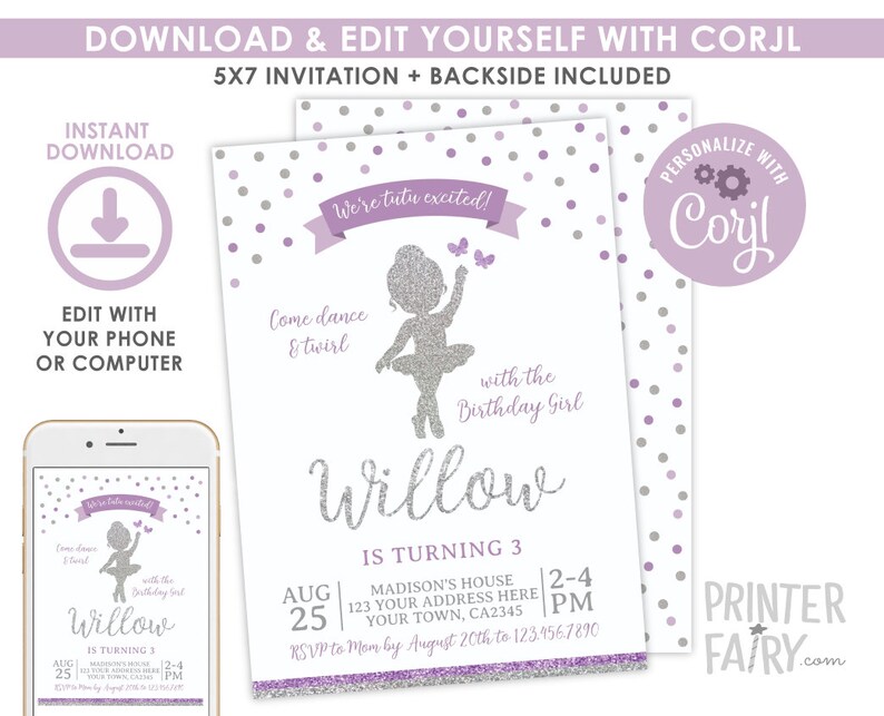 Editable Ballerina Birthday Invitation Purple And Silver Etsy